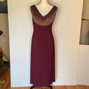 Cachet Gown Maxi Gold Beads Front & Back Neckline Burgundy Color Formal Gown
